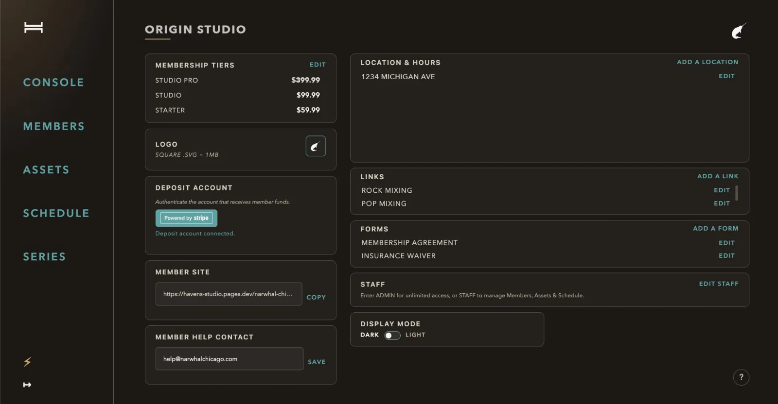 Havens settings: membership tiers with prices, a logo, a connected Stripe deposit account, the member site link, a member help contact, location and hours, links, forms such as a membership agreement and insurance waiver, staff, and display mode.